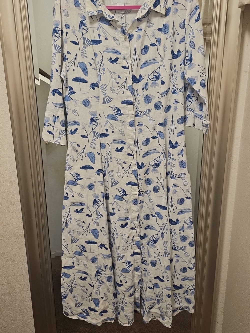 Button-Front Floral Shirt Dress in Blue and White